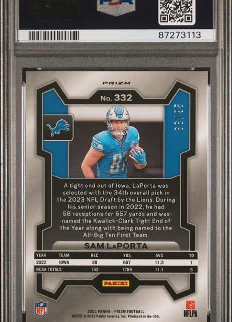 2023 Panini Prizm Sam Laporta No Huddle Blue #332 PSA 10