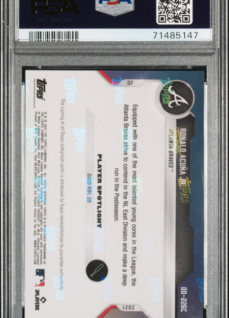 2021 Topps Now Road To Opening Day Ronald Acuna JR. RD Au Purple #OD226C 10/25 PSA 10