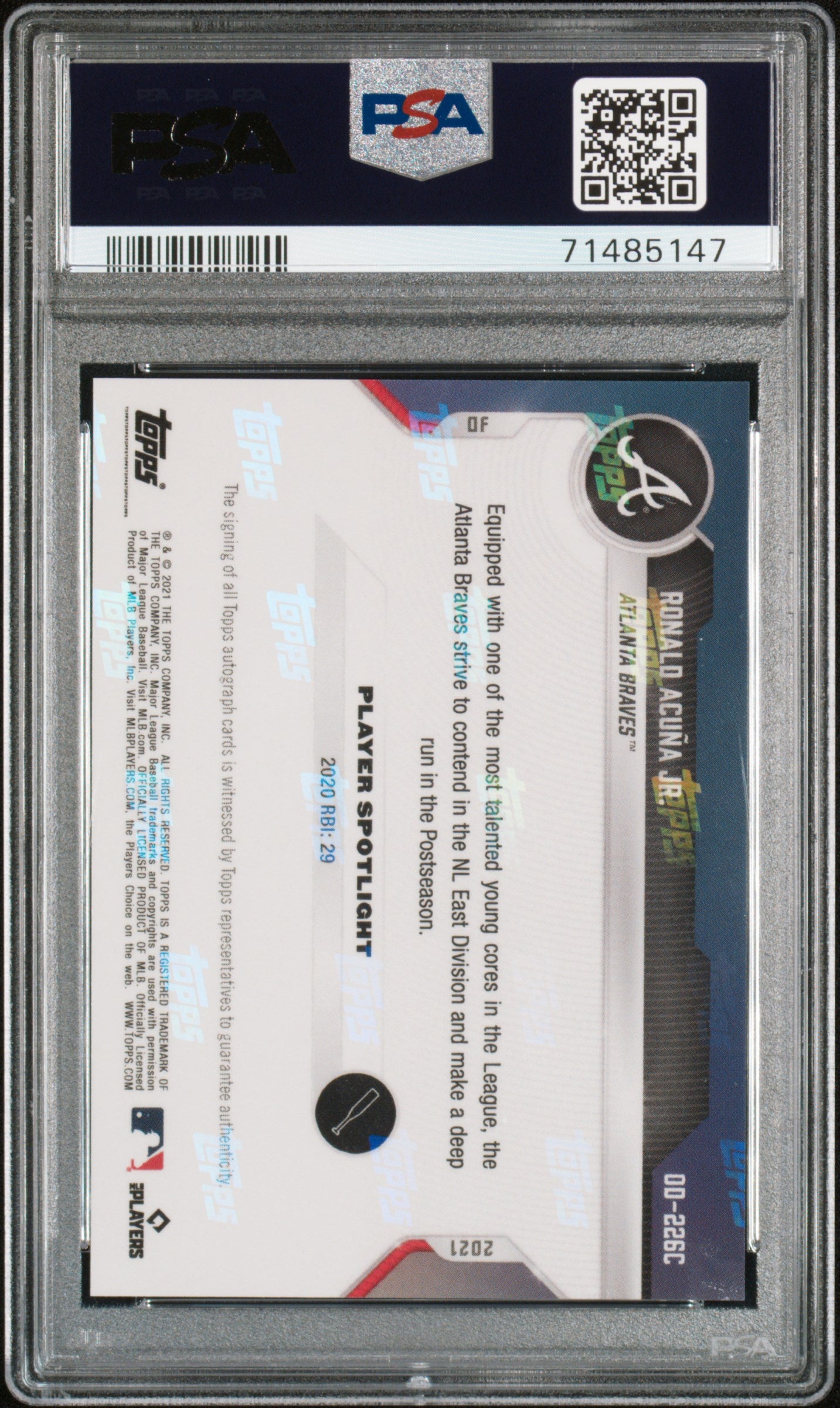 2021 Topps Now Road To Opening Day Ronald Acuna JR. RD Au Purple #OD226C 10/25 PSA 10