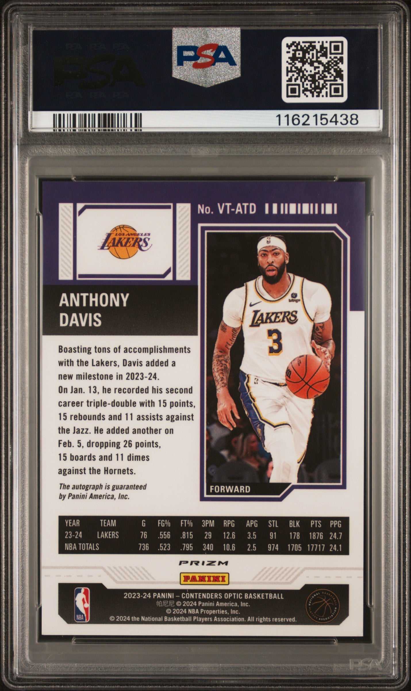 2023 Panini Contenders Optic Veteran Ticket Autographs Anthony Davis Intl Red #VTATD PSA 9