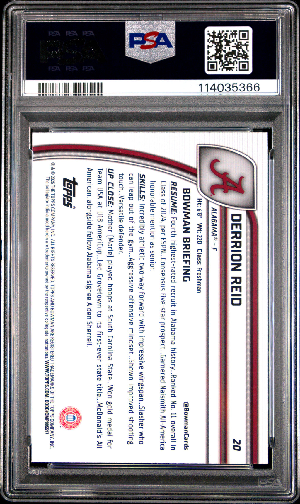 2024 Bowman Chrome University Derrion Reid Purple Refractor #20 PSA 10