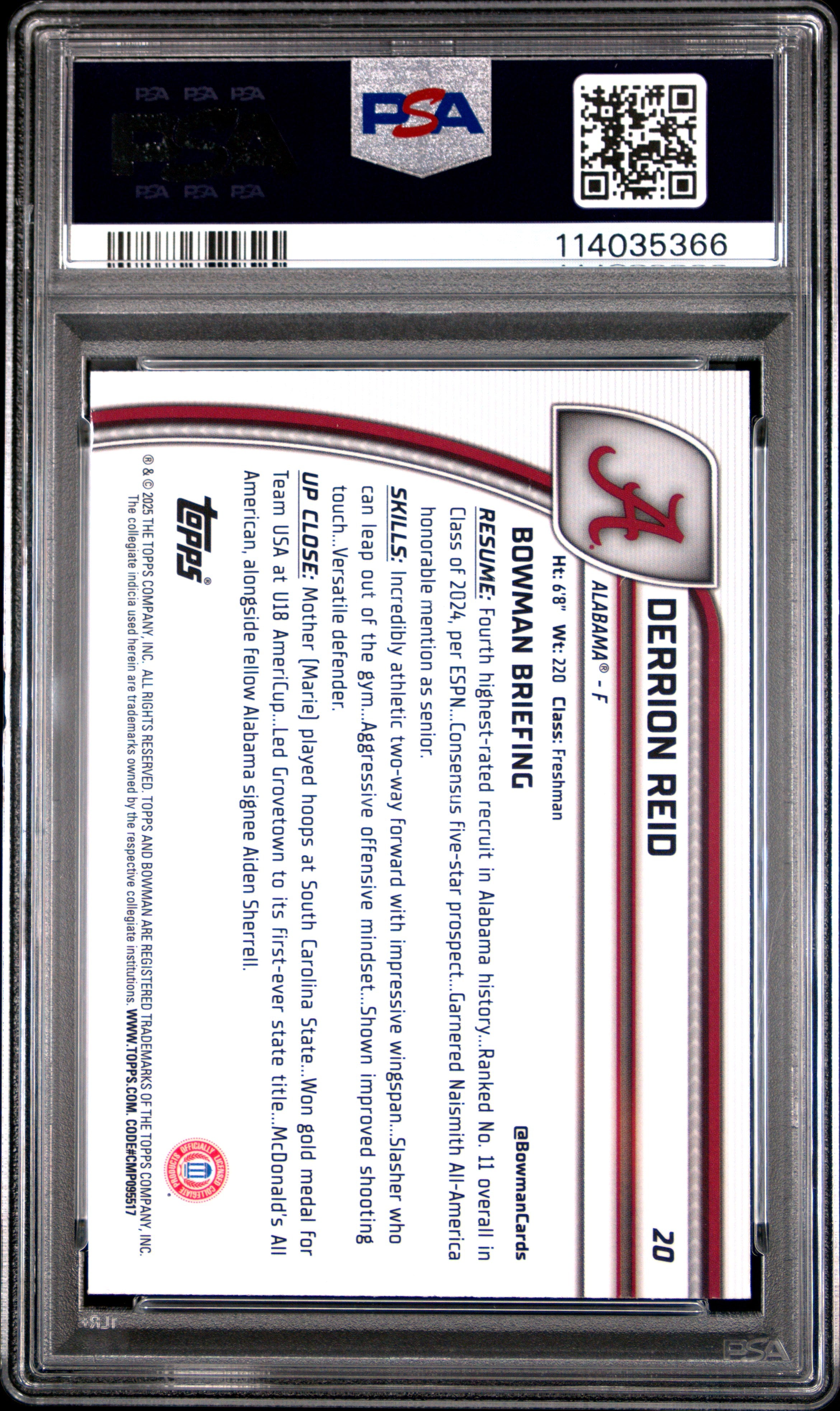 2024 Bowman Chrome University Derrion Reid Purple Refractor #20 PSA 10