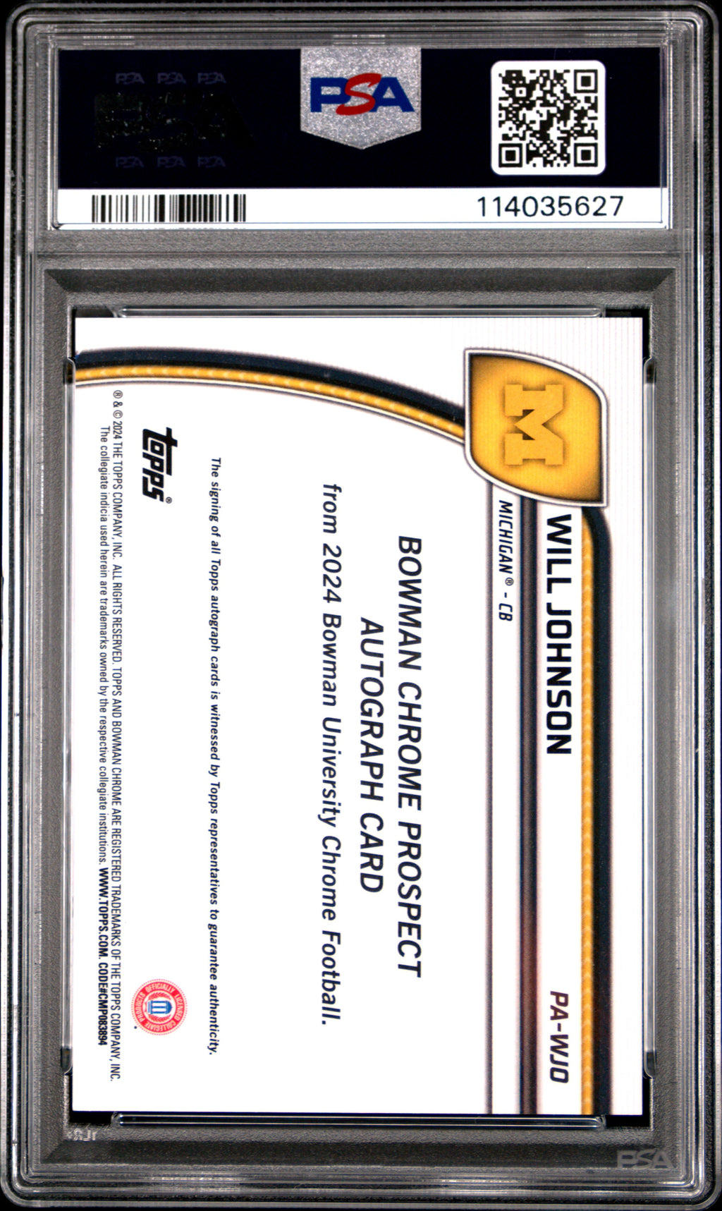 2024 Bowman University Chrome Bowman Chrome Prospect Autographs Will Johnson #PAWJO PSA 10