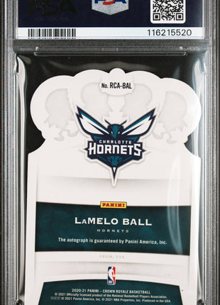 2020 Panini Crown Royale Rookie Crown Autographs Lamelo Ball RKE. Crown Purple Fotl #RCABAL PSA 8
