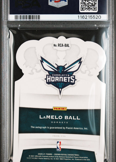2020 Panini Crown Royale Rookie Crown Autographs Lamelo Ball RKE. Crown Purple Fotl #RCABAL PSA 8