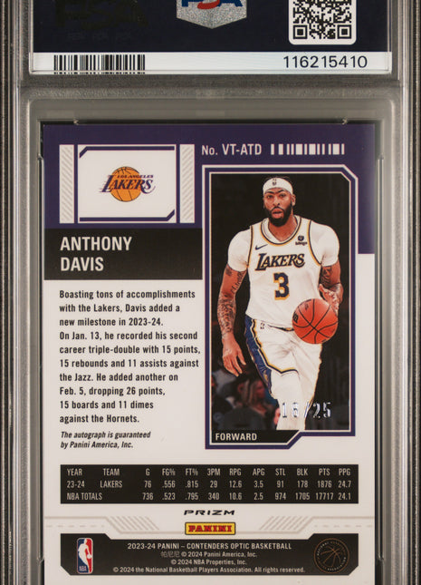 2023 Panini Contenders Optic Veteran Ticket Autographs Anthony Davis Blue #VTATD PSA 10