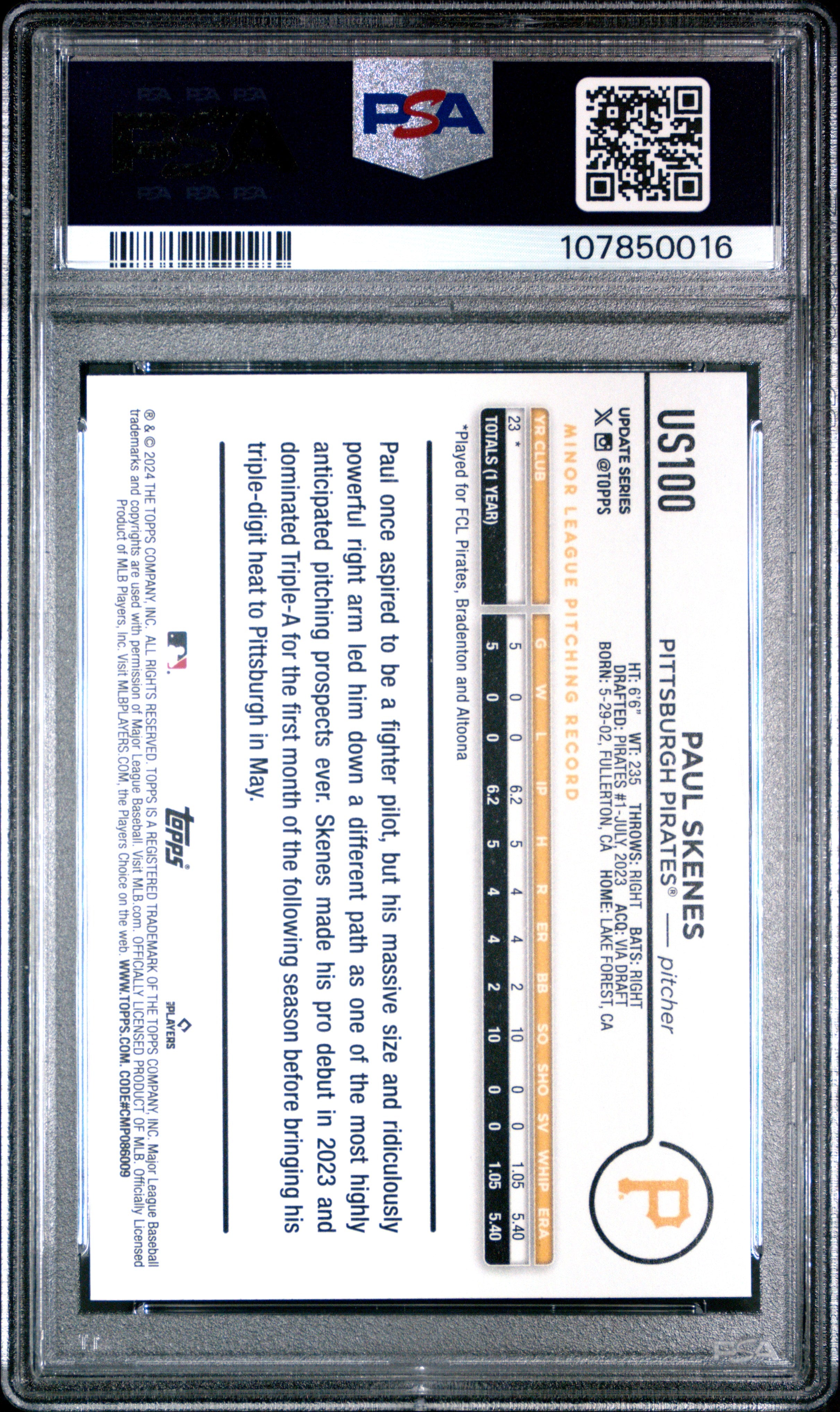 2024 Topps Update Paul Skenes #US100 PSA 10