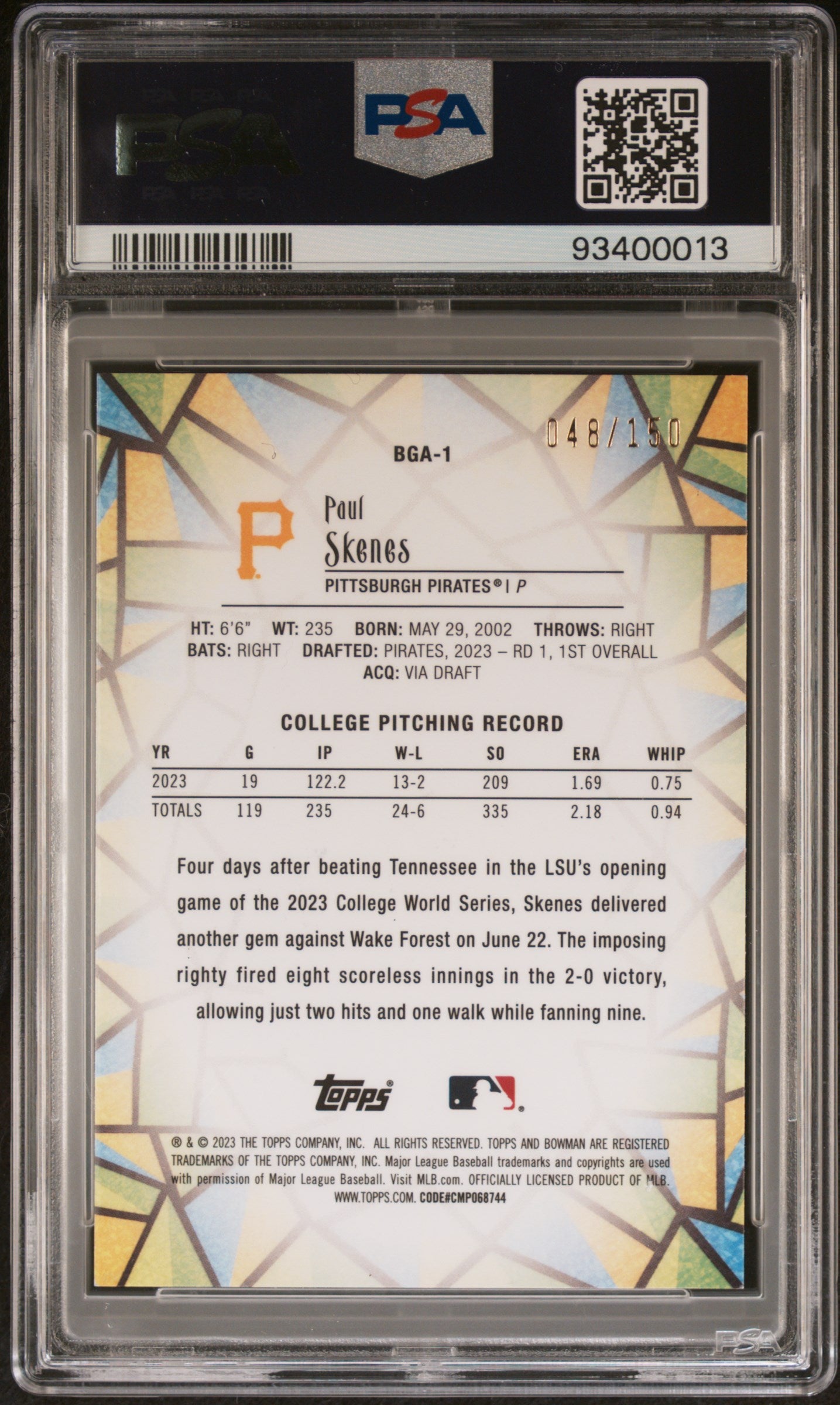 2023 Bowman Draft Bowman Glass Paul Skenes Mini Diamond #BGA1 PSA 9