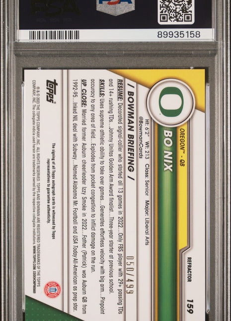 2023 Bowman University Chrome Bo Nix Autograph Refractor #159 PSA 10