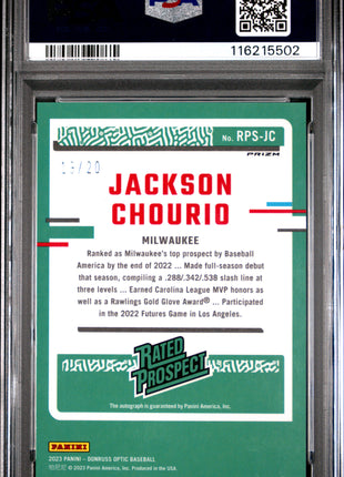 2023 Panini Donruss Optic Rated Prospect Signatures Jackson Chourio RP Silver Mojo #RPSJC / PSA 10