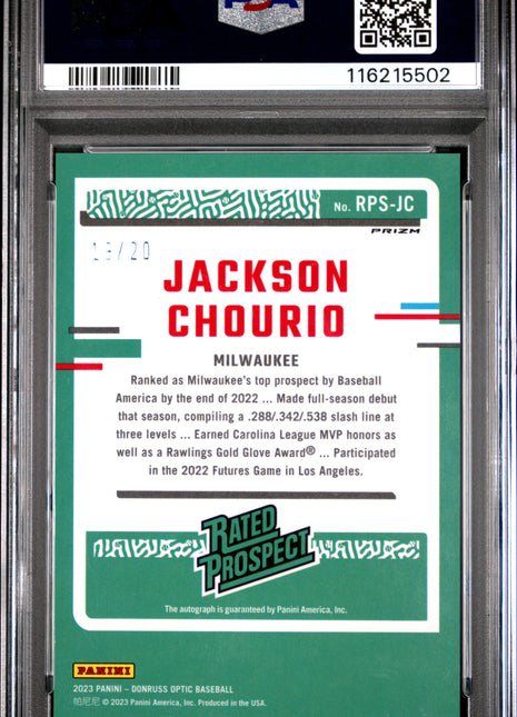 2023 Panini Donruss Optic Rated Prospect Signatures Jackson Chourio RP Silver Mojo #RPSJC / PSA 10