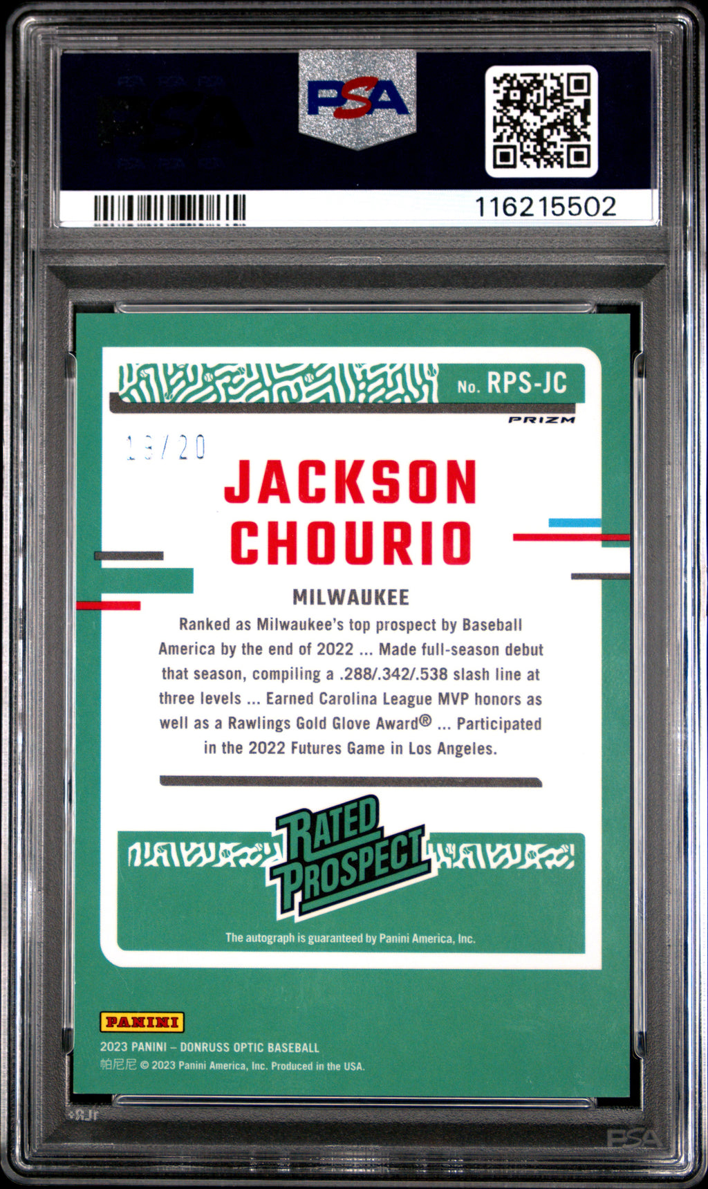 2023 Panini Donruss Optic Rated Prospect Signatures Jackson Chourio RP Silver Mojo #RPSJC / PSA 10