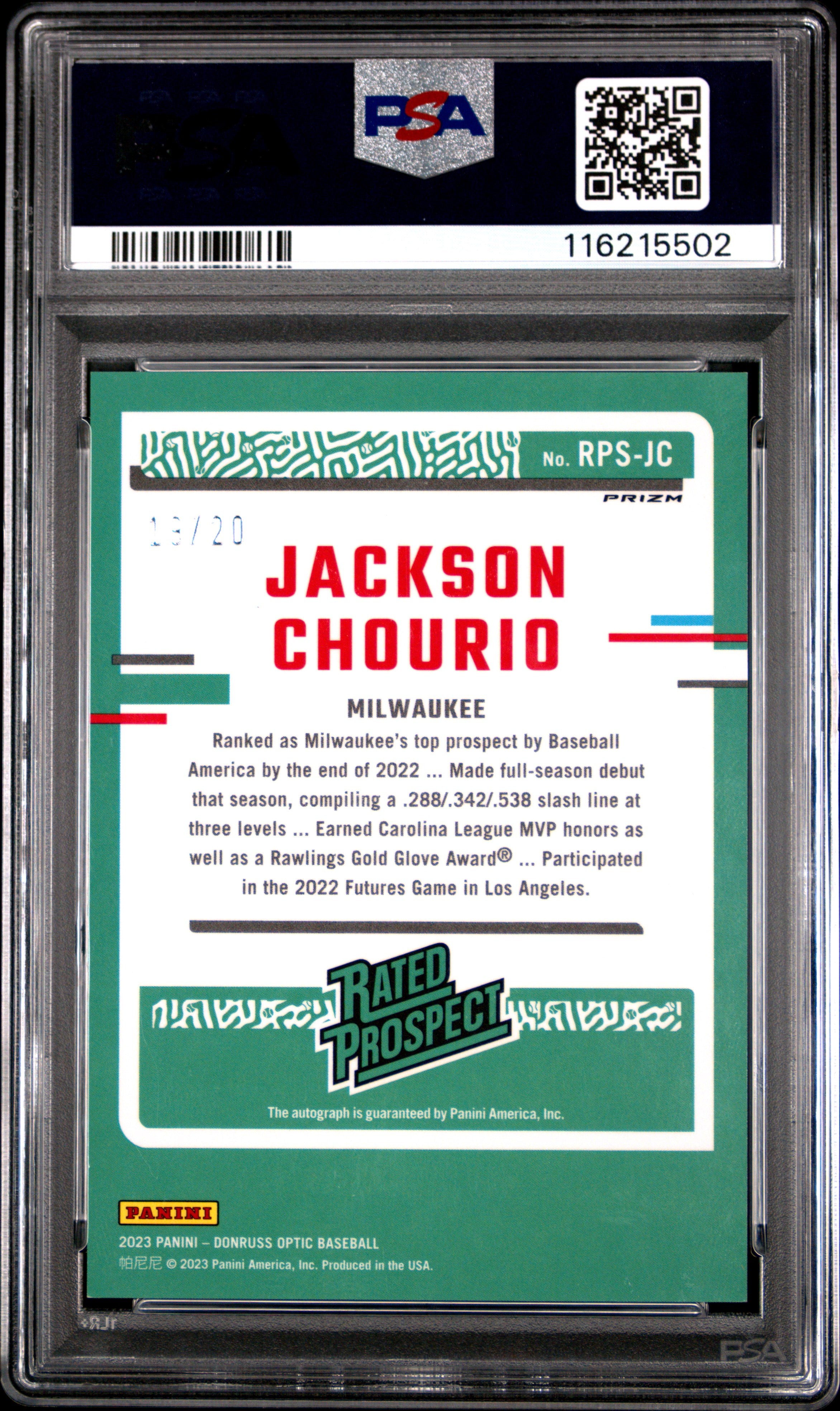 2023 Panini Donruss Optic Rated Prospect Signatures Jackson Chourio RP Silver Mojo #RPSJC / PSA 10