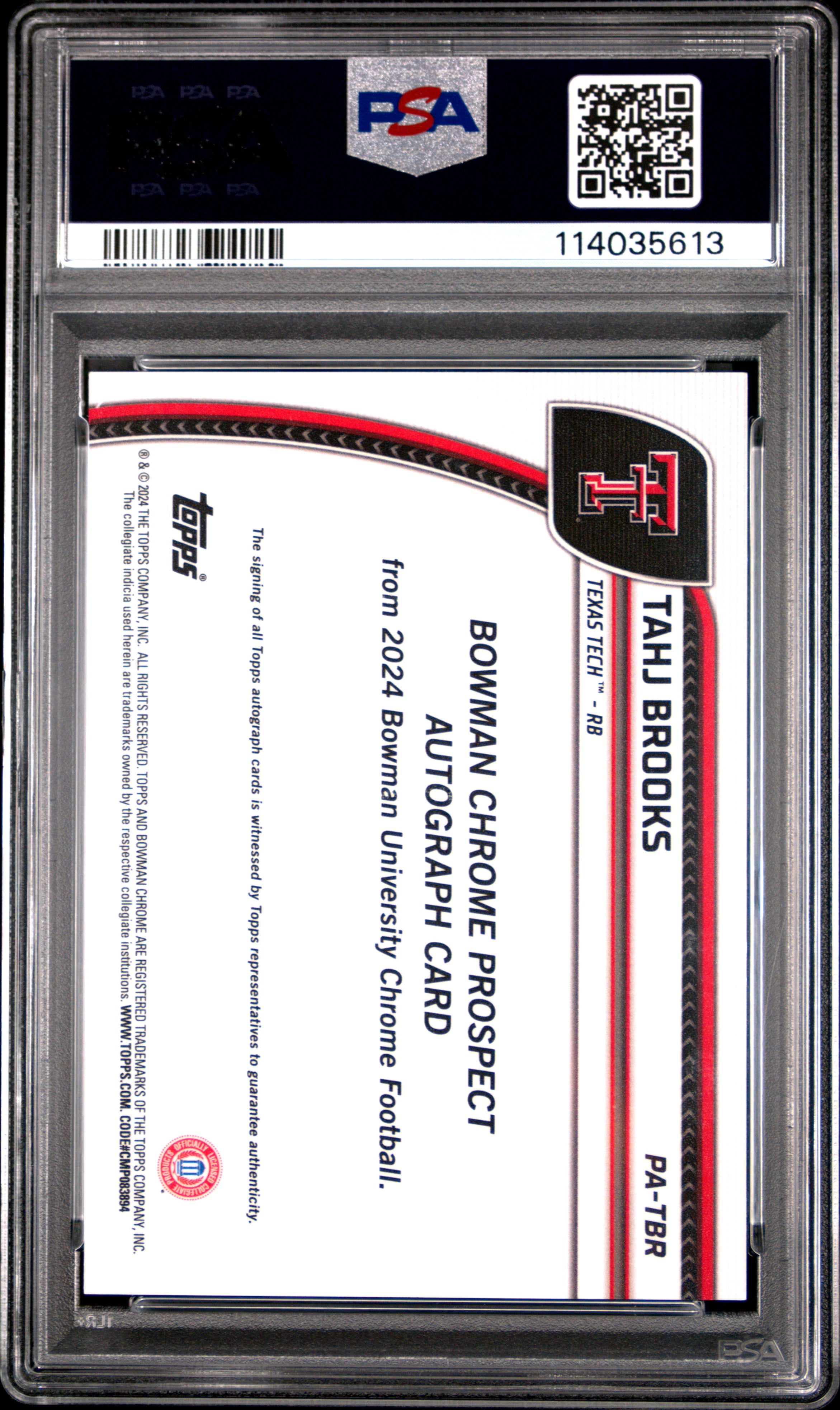 2024 Bowman University Chrome Bowman Chrome Prospect Autographs Tahj Brooks Org Ref #PATBR PSA 10