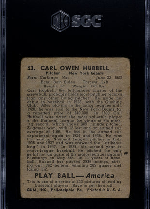 1939 Playball Carl Hubbell #53 SGC 1.5