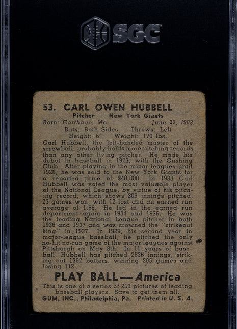 1939 Playball Carl Hubbell #53 SGC 1.5