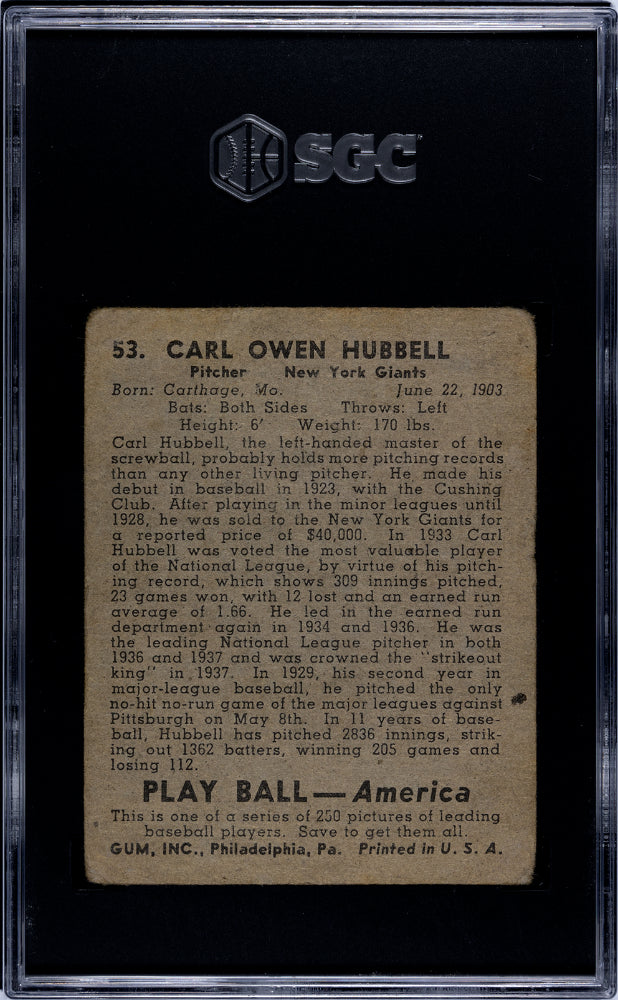1939 Playball Carl Hubbell #53 SGC 1.5