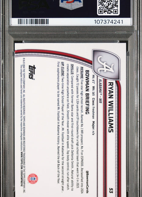 2024 Bowman University Chrome Ryan Williams #53 PSA 10