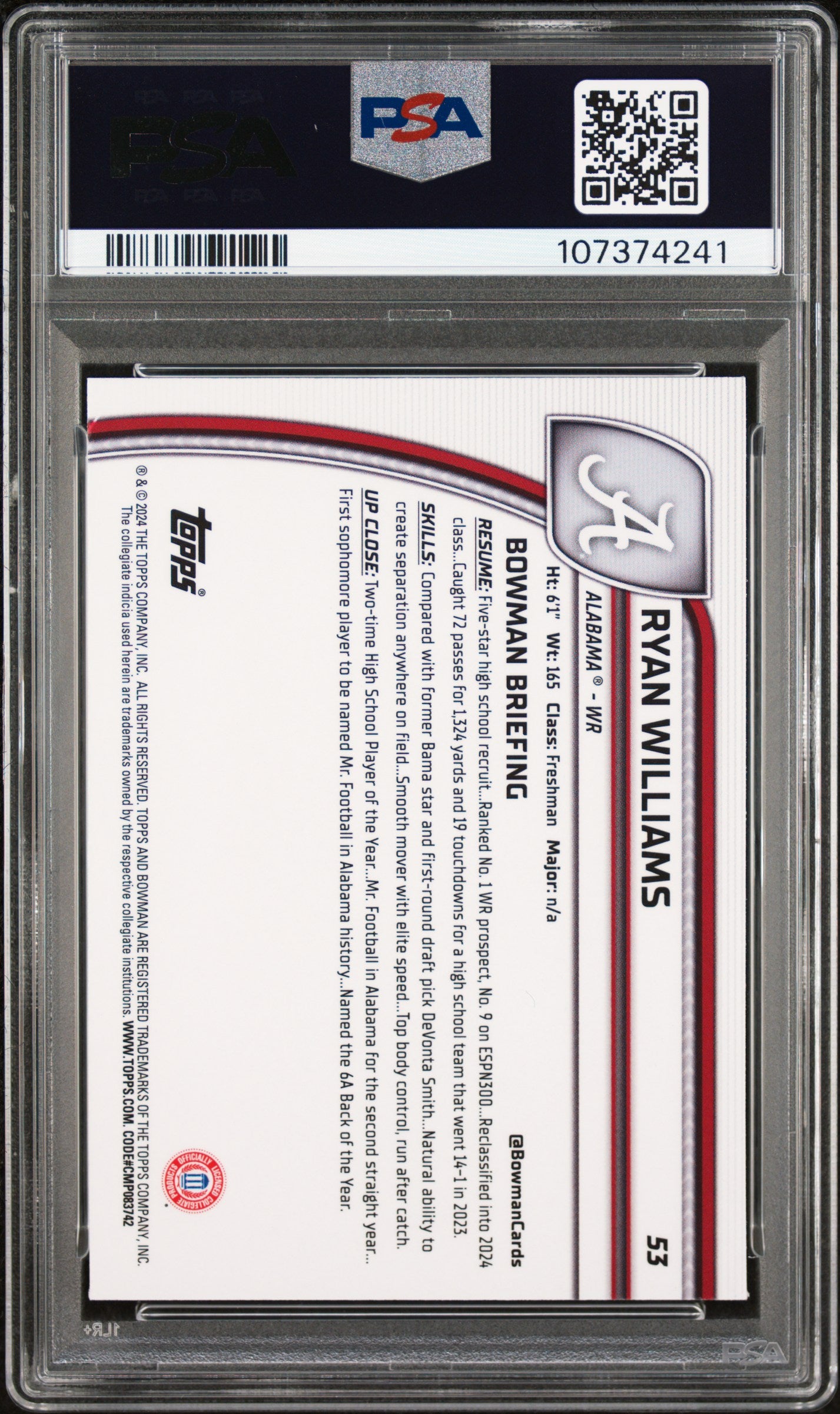 2024 Bowman University Chrome Ryan Williams #53 PSA 10