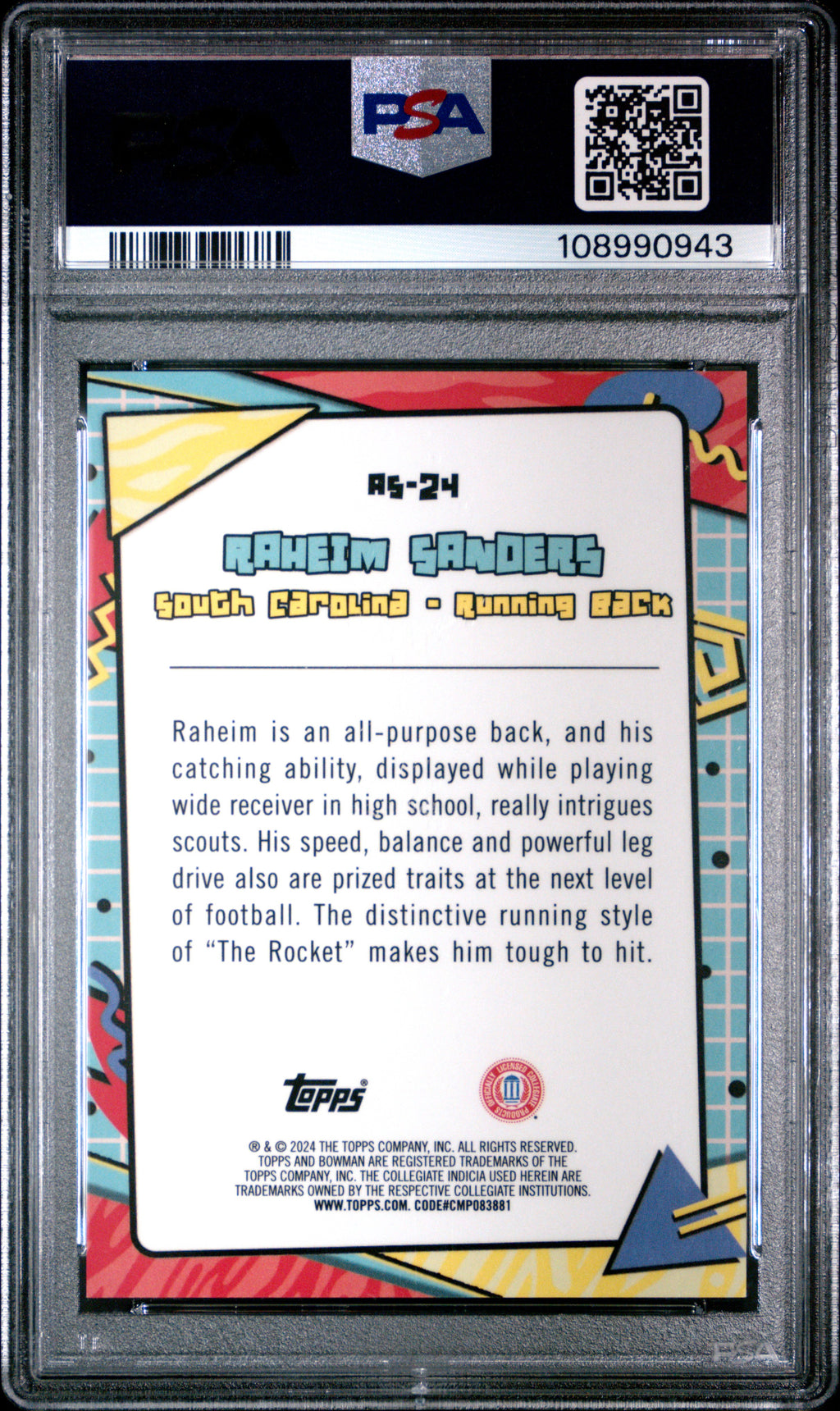 2024 Bowman University Chrome After School Special Raheim Sanders #AS24 PSA 9