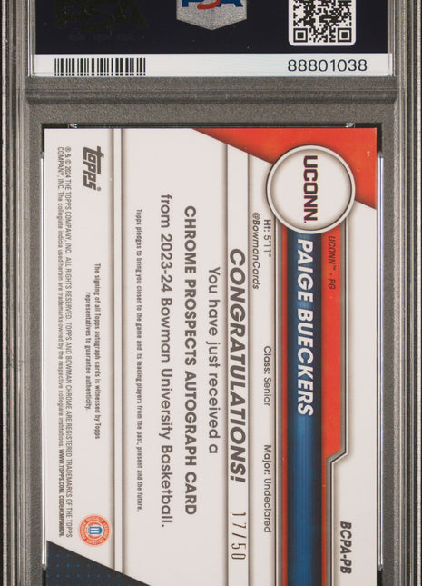2023 Bowman U Chrome Auto Paige Bueckers Gold /50 #PB PSA 9