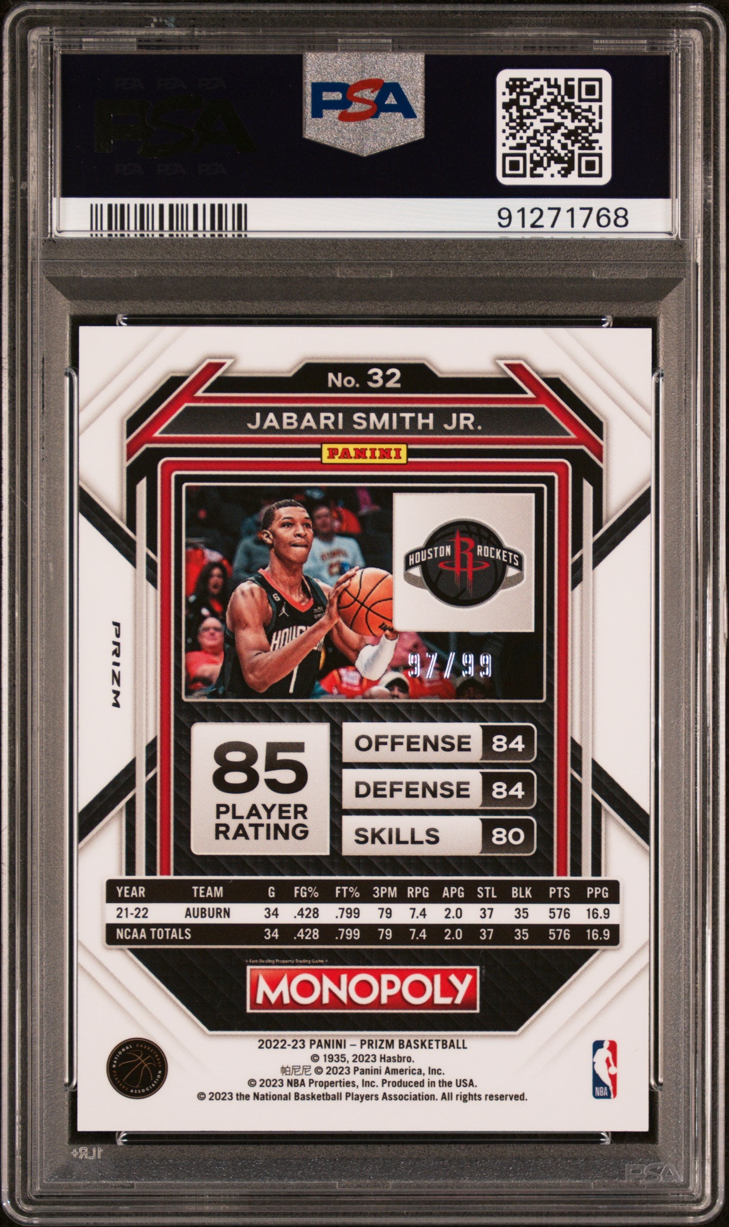 2022 Panini Prizm Monopoly Jabari Smith JR. Red #32 PSA 10