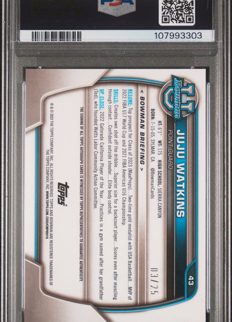 2022 Bowman Chrome University Juju Watkins PRS Au Org Shim Ref #43 PSA 9