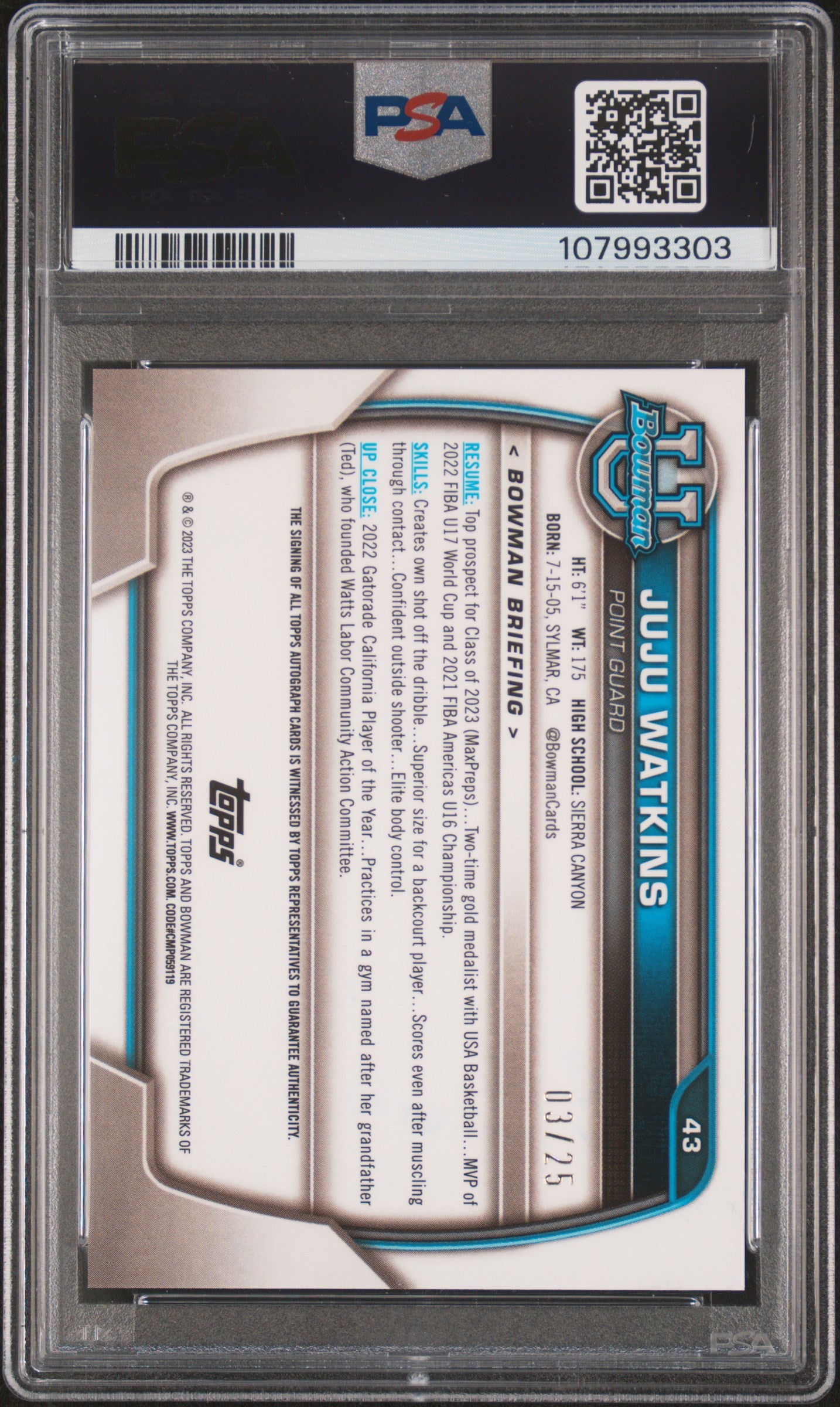 2022 Bowman Chrome University Juju Watkins PRS Au Org Shim Ref #43 PSA 9
