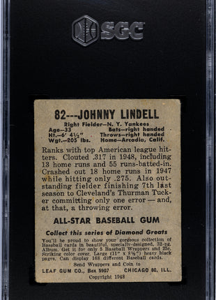 1948 Leaf Gum Johnny Lindell SGC 3 1948 Leaf Gum Co. Johnny Lindell #82 SGC 3