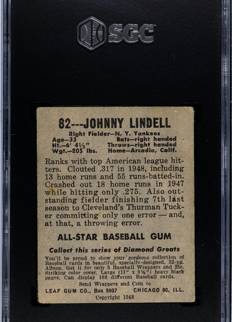 1948 Leaf Gum Johnny Lindell SGC 3 1948 Leaf Gum Co. Johnny Lindell #82 SGC 3