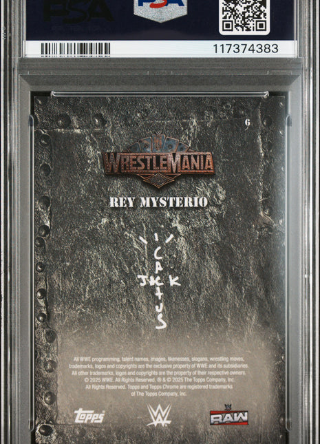 2025 Topps Chrome WWE Cactus Jack X Wrestlemania Rey Mysterio Orange Raywave #6 05/25 PSA 9