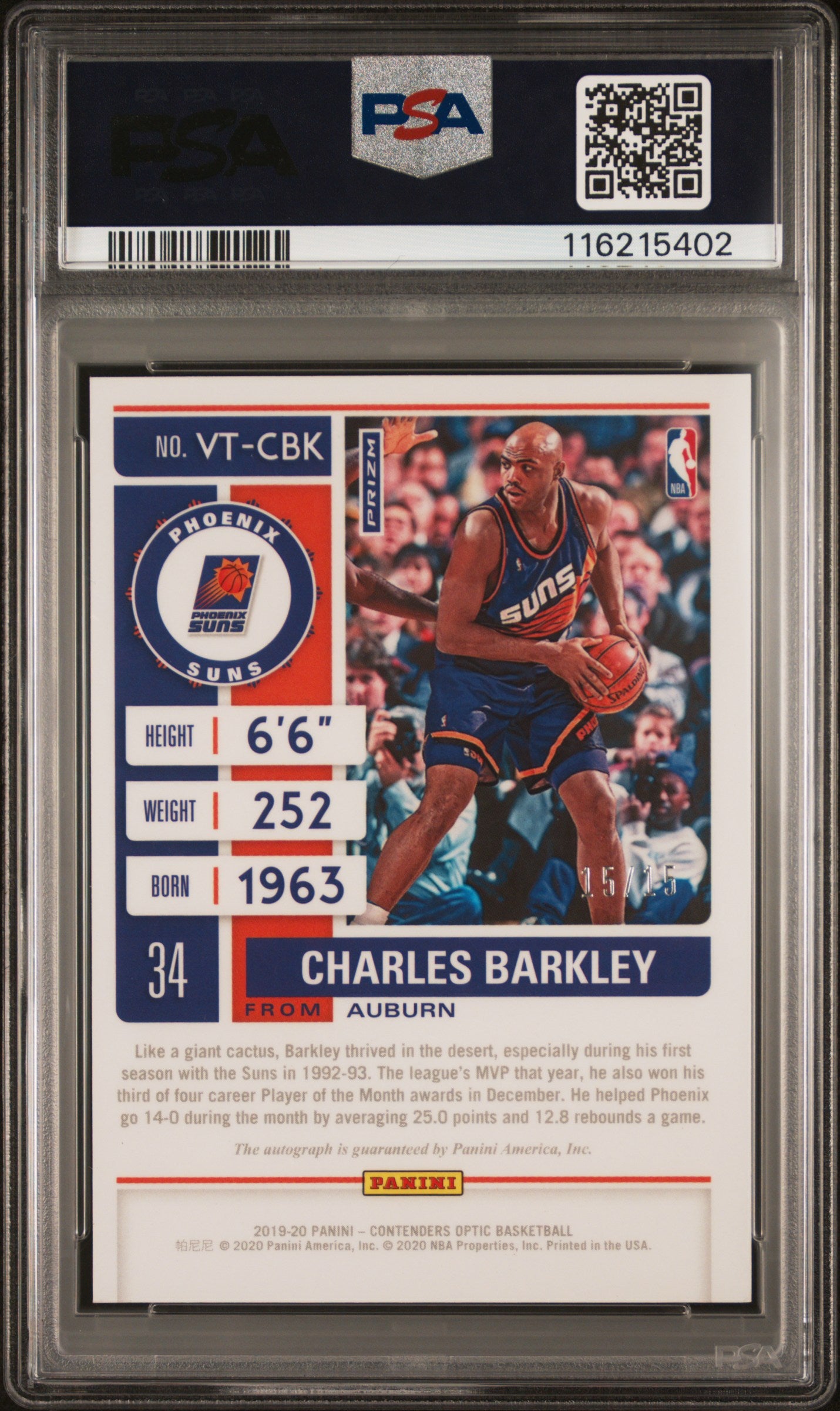 2019 Panini Contenders Optic Veteran Ticket Autographs Charles Barkley Orange #VTCBK PSA 9