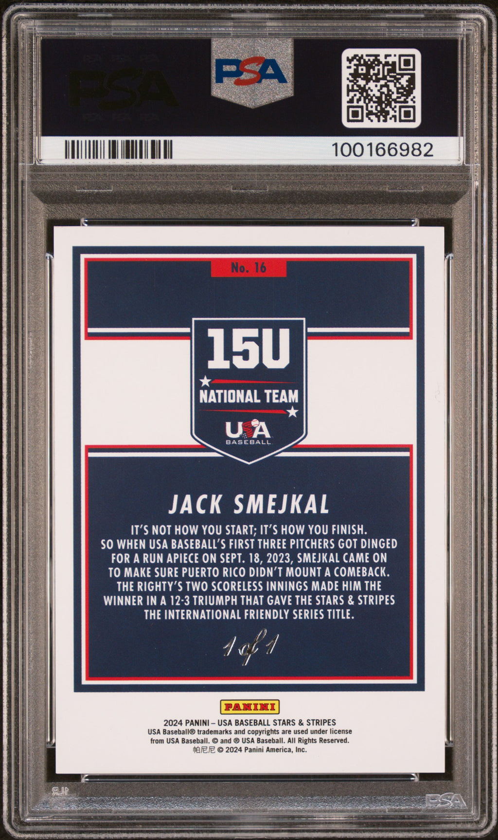 2024 Panini Stars & Stripes Usa Jack Smejkal Black Swirl #16 1/1 PSA 9