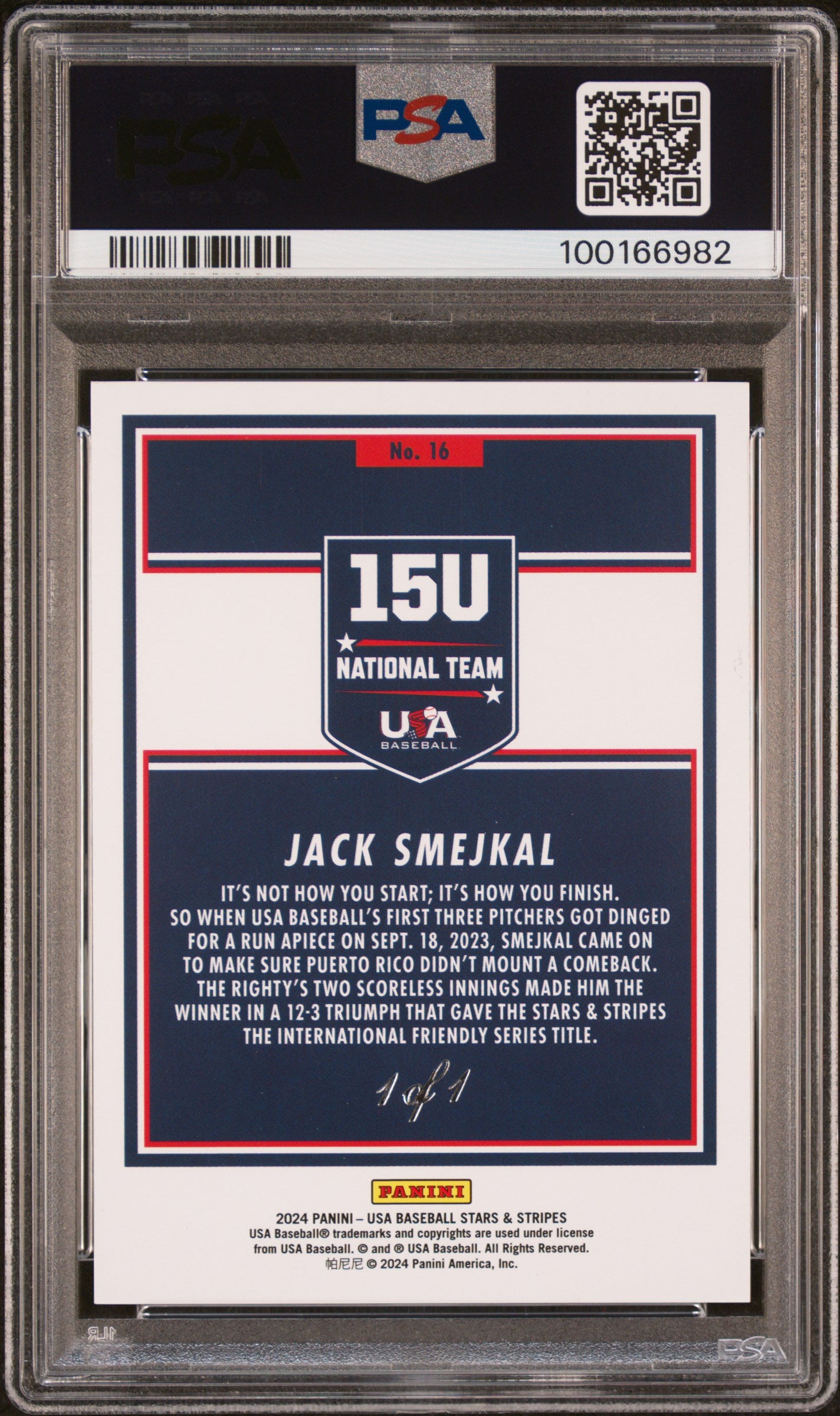2024 Panini Stars & Stripes Usa Jack Smejkal Black Swirl #16 1/1 PSA 9