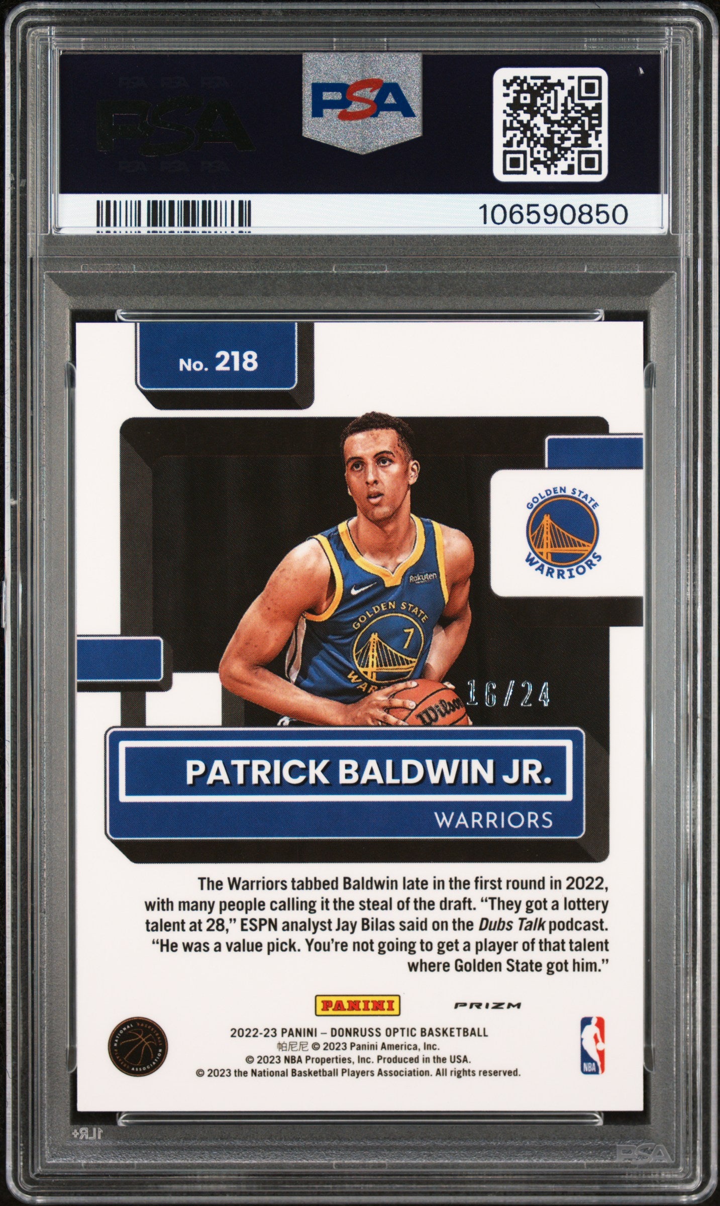 2022 Panini Donruss Optic Patrick Baldwin JR. Gold Sparkle #218 PSA 9