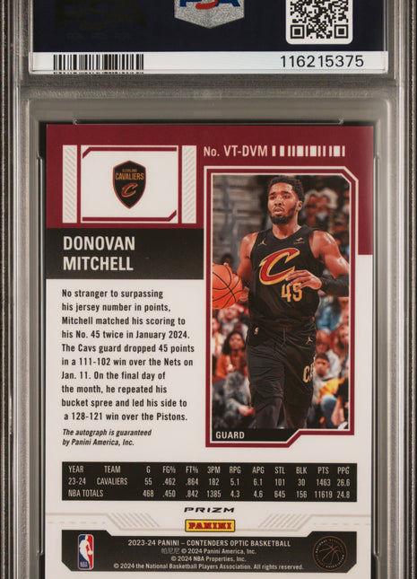 2023 Panini Contenders Optic Veteran Ticket Autographs Donovan Mitchell Intl Red #VTDVM PSA 9