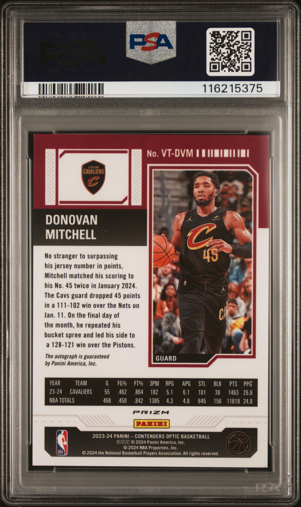 2023 Panini Contenders Optic Veteran Ticket Autographs Donovan Mitchell Intl Red #VTDVM PSA 9