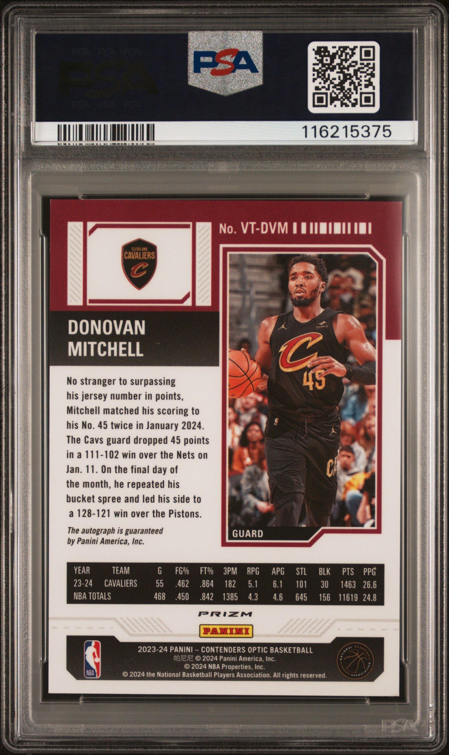 2023 Panini Contenders Optic Veteran Ticket Autographs Donovan Mitchell Intl Red #VTDVM PSA 9