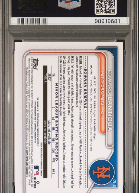 2024 Bowman Chrome Prospect Autographs Edward Lantigua Green Ref #CPAEL PSA 9