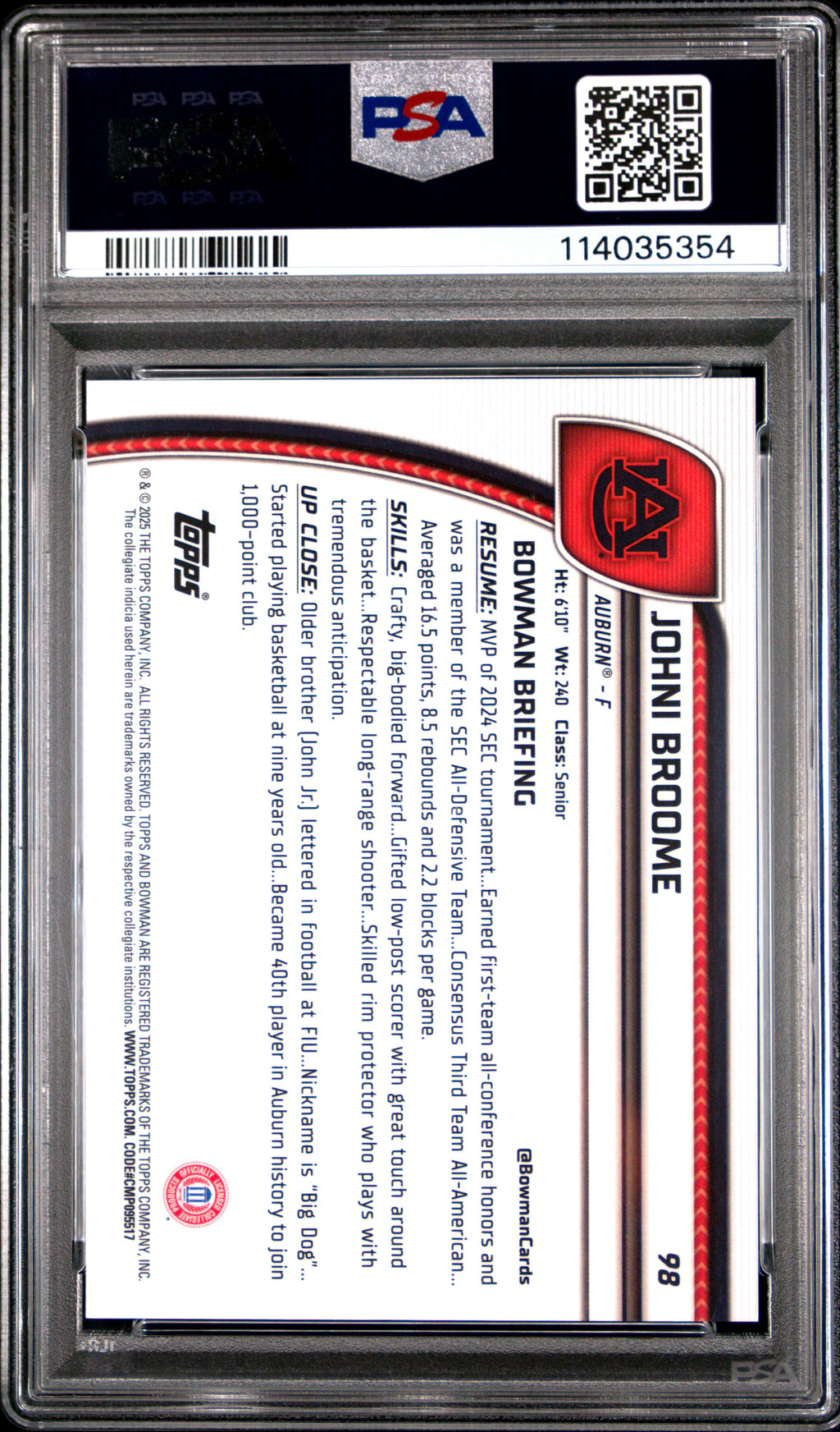 2024 Bowman Chrome University Johni Broome Black & White Stealth Ref #98 PSA 8