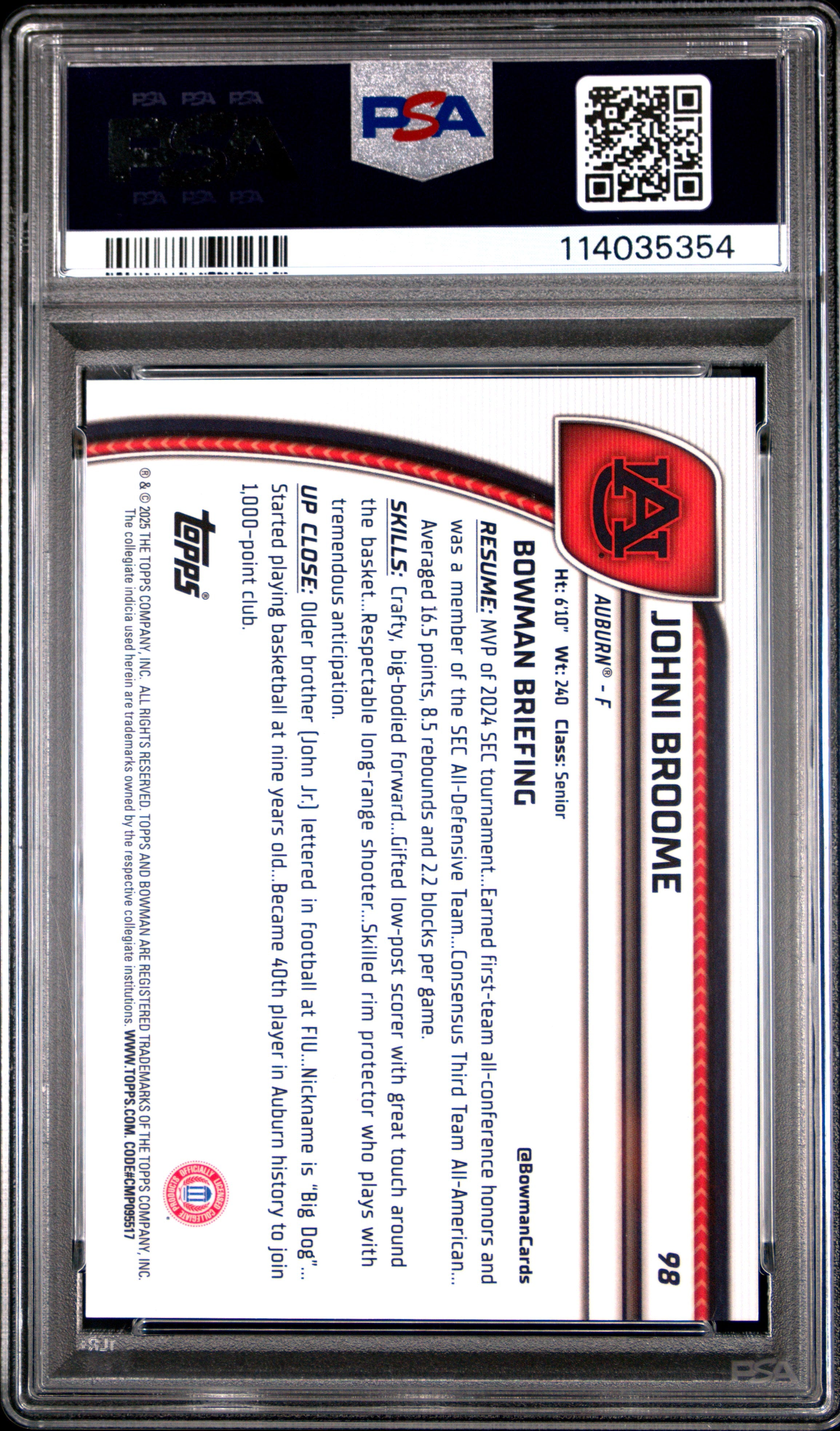 2024 Bowman Chrome University Johni Broome Black & White Stealth Ref #98 PSA 8