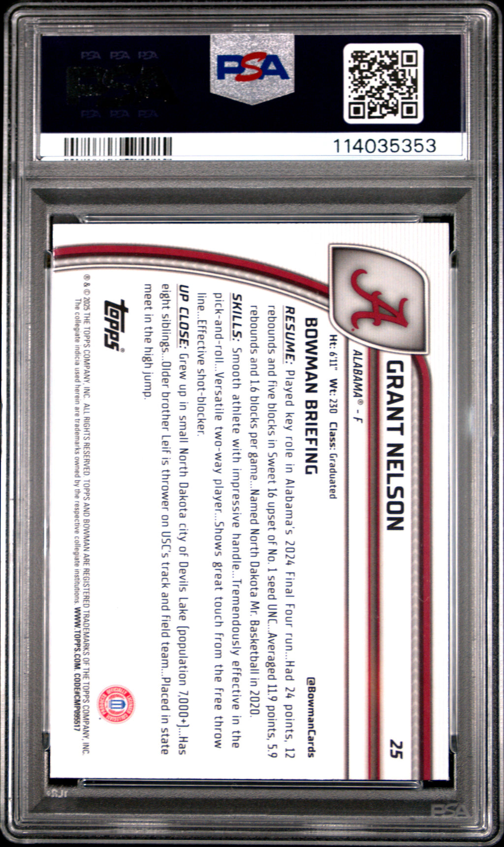 2024 Bowman Chrome University Grant Nelson Reptilian Blue Refractor #25 PSA 9