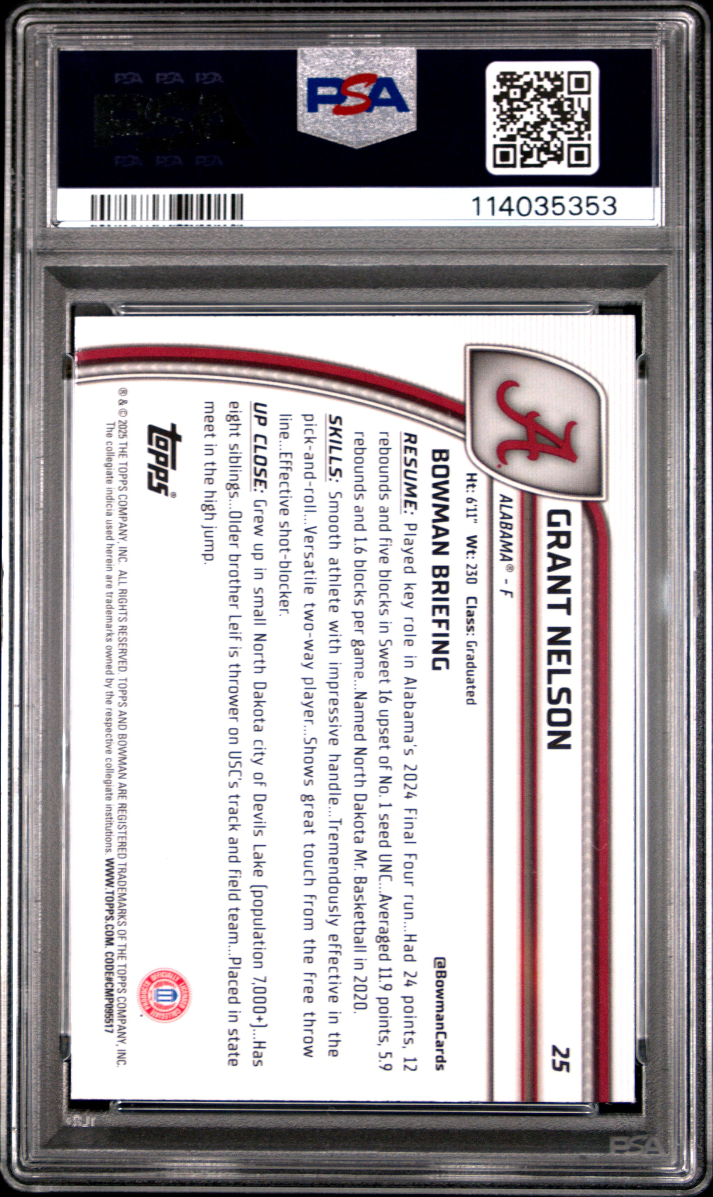 2024 Bowman Chrome University Grant Nelson Reptilian Blue Refractor #25 PSA 9