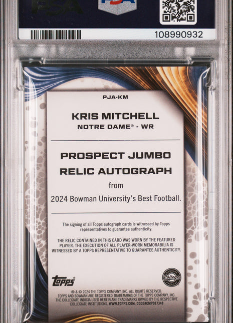 2024 Bowman Best University Patch Auto Kris Mitchell PSA 9