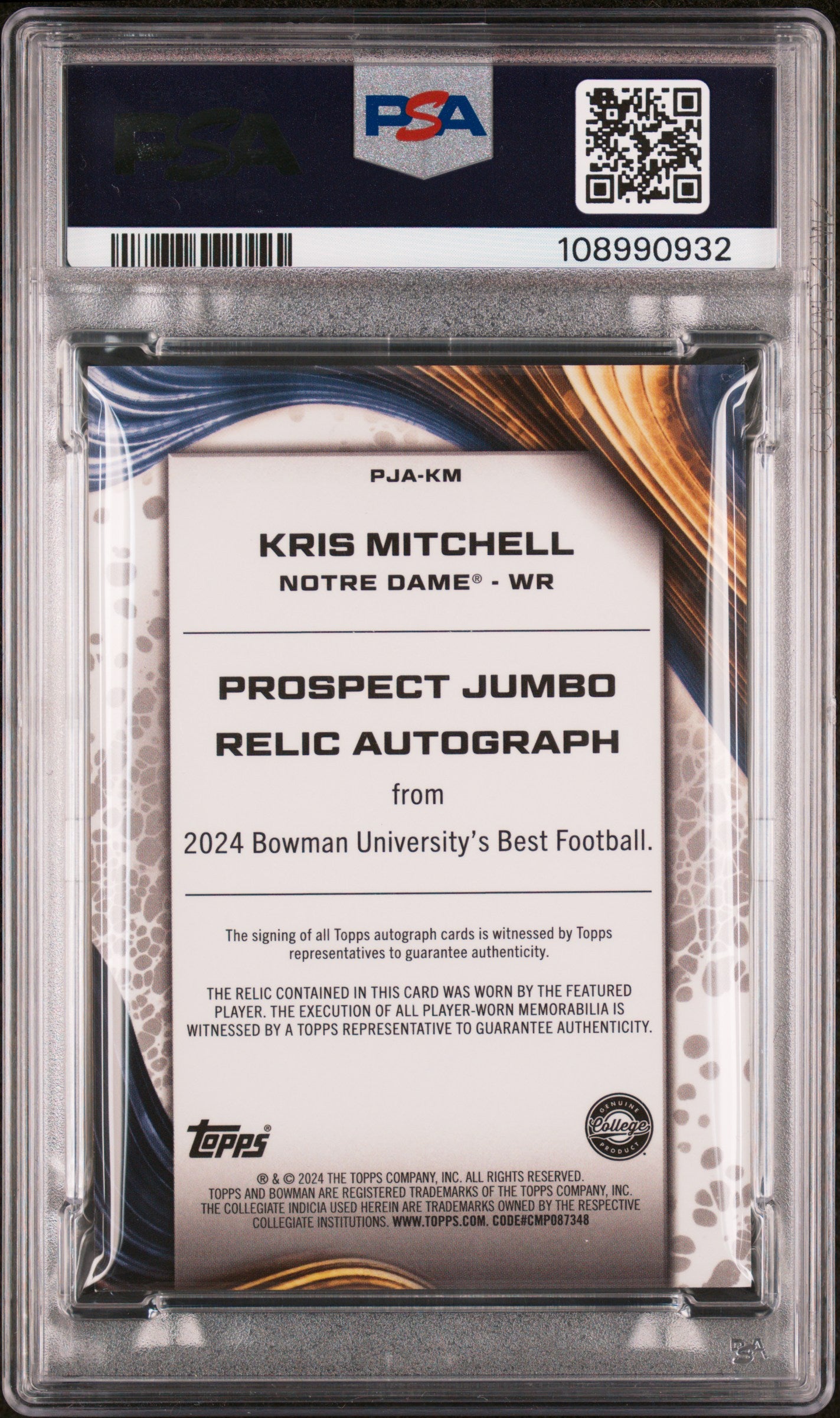 2024 Bowman Best University Patch Auto Kris Mitchell PSA 9