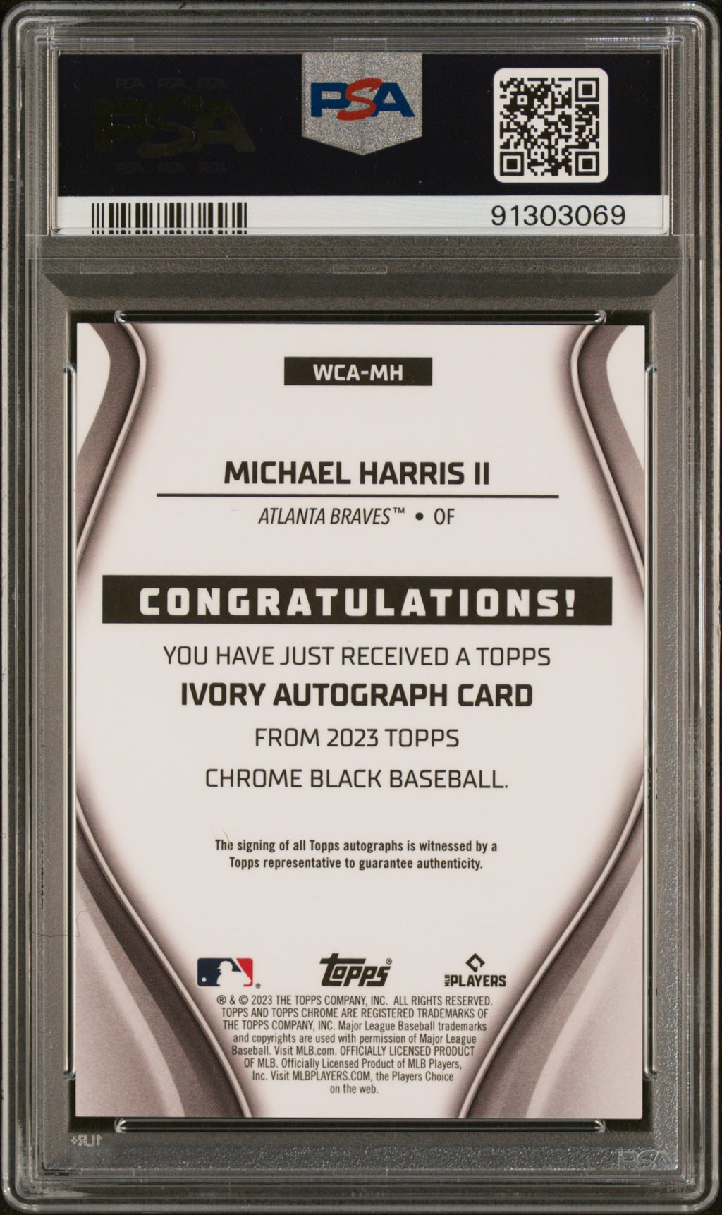 2023 Topps Chrome Black Ivory Autographs Michael Harris II Gold Trim Ref #MH 15/25 PSA 10