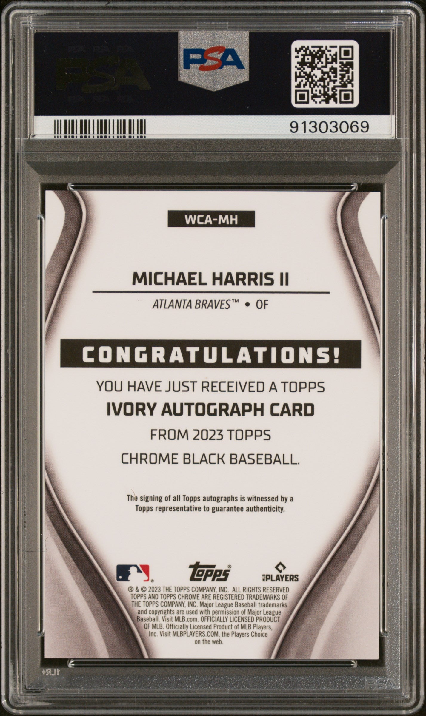 2023 Topps Chrome Black Ivory Autographs Michael Harris II Gold Trim Ref #MH 15/25 PSA 10