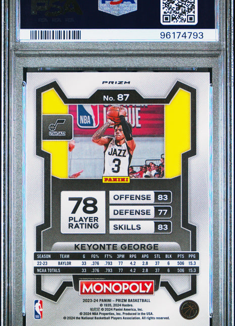2023 Panini Prizm Monopoly Keyonte George Purple #87 PSA 10