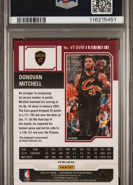 2023 Panini Contenders Optic Veteran Ticket Autographs Donovan Mitchell #VTDVM PSA 10