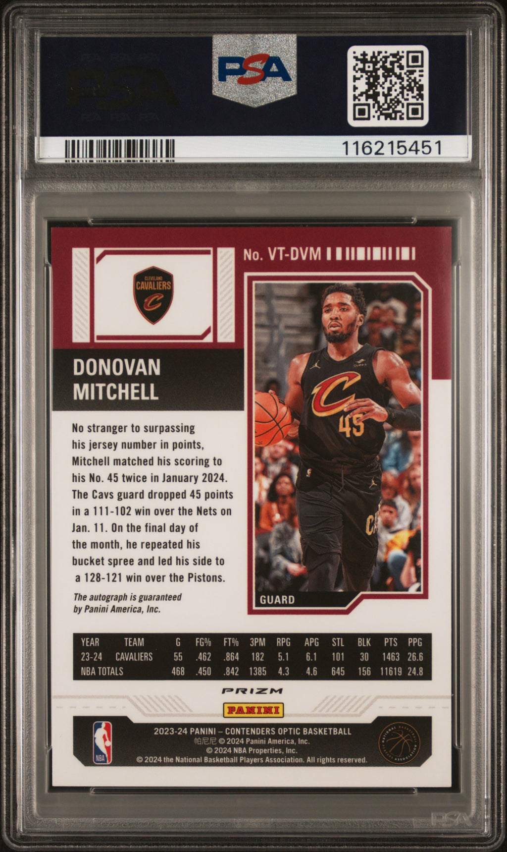 2023 Panini Contenders Optic Veteran Ticket Autographs Donovan Mitchell #VTDVM PSA 10